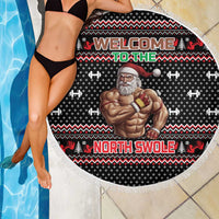 Bodybuilder Santa Christmas Beach Blanket with Welcome to the North Swole Quote and Dumbbell - Wonder Print Shop