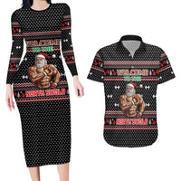 Bodybuilder Santa Christmas Couples Matching Long Sleeve Bodycon Dress and Hawaiian Shirt with Welcome to the North Swole Quote and Dumbbell - Wonder Print Shop