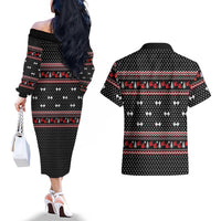 Bodybuilder Santa Christmas Couples Matching Off The Shoulder Long Sleeve Dress and Hawaiian Shirt with Welcome to the North Swole Quote and Dumbbell - Wonder Print Shop