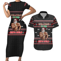 Bodybuilder Santa Christmas Couples Matching Short Sleeve Bodycon Dress and Hawaiian Shirt with Welcome to the North Swole Quote and Dumbbell - Wonder Print Shop