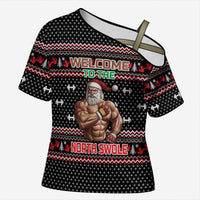 Bodybuilder Santa Christmas Cross Shoulder Shirt with Welcome to the North Swole Quote and Dumbbell - Wonder Print Shop
