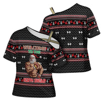 Bodybuilder Santa Christmas Cross Shoulder Shirt with Welcome to the North Swole Quote and Dumbbell - Wonder Print Shop