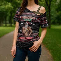 Bodybuilder Santa Christmas Cross Shoulder Shirt with Welcome to the North Swole Quote and Dumbbell - Wonder Print Shop
