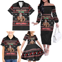 Bodybuilder Santa Christmas Family Matching Off The Shoulder Long Sleeve Dress and Hawaiian Shirt with Welcome to the North Swole Quote and Dumbbell - Wonder Print Shop