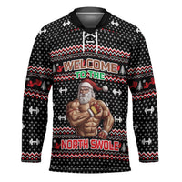 Bodybuilder Santa Christmas Hockey Jersey with Welcome to the North Swole Quote and Dumbbell - Wonder Print Shop