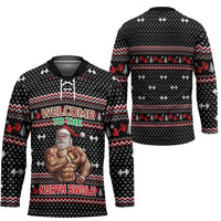 Bodybuilder Santa Christmas Hockey Jersey with Welcome to the North Swole Quote and Dumbbell - Wonder Print Shop