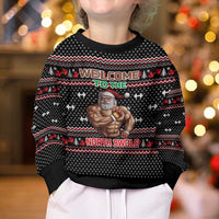 Bodybuilder Santa Christmas Kid Ugly Christmas Sweater with Welcome to the North Swole Quote and Dumbbell - Wonder Print Shop