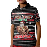 Bodybuilder Santa Christmas Kid Polo Shirt with Welcome to the North Swole Quote and Dumbbell - Wonder Print Shop