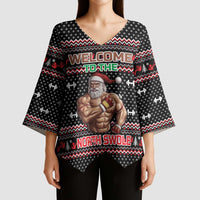 Bodybuilder Santa Christmas Kimono Sleeve Blouse with Welcome to the North Swole Quote and Dumbbell - Wonder Print Shop
