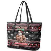 Bodybuilder Santa Christmas Leather Tote Bag with Welcome to the North Swole Quote and Dumbbell - Wonder Print Shop