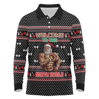 Bodybuilder Santa Christmas Long Sleeve Polo Shirt with Welcome to the North Swole Quote and Dumbbell - Wonder Print Shop