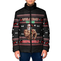Bodybuilder Santa Christmas Padded Jacket with Welcome to the North Swole Quote and Dumbbell - Wonder Print Shop