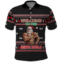 Bodybuilder Santa Christmas Polo Shirt with Welcome to the North Swole Quote and Dumbbell - Wonder Print Shop