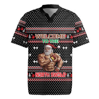 Bodybuilder Santa Christmas Rugby Jersey with Welcome to the North Swole Quote and Dumbbell - Wonder Print Shop