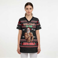 Bodybuilder Santa Christmas Scrub Top with Welcome to the North Swole Quote and Dumbbell - Wonder Print Shop