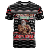 Bodybuilder Santa Christmas T Shirt with Welcome to the North Swole Quote and Dumbbell - Wonder Print Shop
