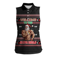 Bodybuilder Santa Christmas Women Sleeveless Polo Shirt with Welcome to the North Swole Quote and Dumbbell - Wonder Print Shop