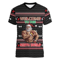 Bodybuilder Santa Christmas Women V-Neck T-Shirt with Welcome to the North Swole Quote and Dumbbell - Wonder Print Shop