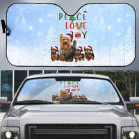 Yorkshire Terrier Dog Christmas Auto Sun Shade with Peace Love Joy Quote and Santa Hat Puppies in Snowy Winter Scene - Wonder Print Shop