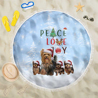Yorkshire Terrier Dog Christmas Beach Blanket with Peace Love Joy Quote and Santa Hat Puppies in Snowy Winter Scene - Wonder Print Shop