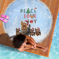 Yorkshire Terrier Dog Christmas Beach Blanket with Peace Love Joy Quote and Santa Hat Puppies in Snowy Winter Scene - Wonder Print Shop