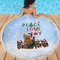 Yorkshire Terrier Dog Christmas Beach Blanket with Peace Love Joy Quote and Santa Hat Puppies in Snowy Winter Scene - Wonder Print Shop