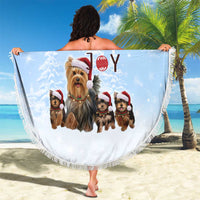 Yorkshire Terrier Dog Christmas Beach Blanket with Peace Love Joy Quote and Santa Hat Puppies in Snowy Winter Scene - Wonder Print Shop