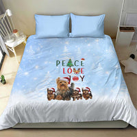 Yorkshire Terrier Dog Christmas Bedding Set with Peace Love Joy Quote and Santa Hat Puppies in Snowy Winter Scene - Wonder Print Shop