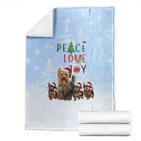 Yorkshire Terrier Dog Christmas Blanket with Peace Love Joy Quote and Santa Hat Puppies in Snowy Winter Scene - Wonder Print Shop