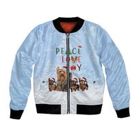 Yorkshire Terrier Dog Christmas Bomber Jacket with Peace Love Joy Quote and Santa Hat Puppies in Snowy Winter Scene - Wonder Print Shop