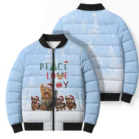 Yorkshire Terrier Dog Christmas Bomber Puffer Jacket with Peace Love Joy Quote and Santa Hat Puppies in Snowy Winter Scene - Wonder Print Shop