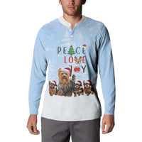 Yorkshire Terrier Dog Christmas Button Sweatshirt with Peace Love Joy Quote and Santa Hat Puppies in Snowy Winter Scene - Wonder Print Shop