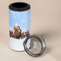 Yorkshire Terrier Dog Christmas 4 in 1 Can Cooler Tumbler with Peace Love Joy Quote and Santa Hat Puppies in Snowy Winter Scene - Wonder Print Shop