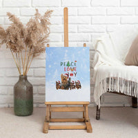 Yorkshire Terrier Dog Christmas Canvas Wall Art with Peace Love Joy Quote and Santa Hat Puppies in Snowy Winter Scene - Wonder Print Shop