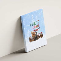 Yorkshire Terrier Dog Christmas Canvas Wall Art with Peace Love Joy Quote and Santa Hat Puppies in Snowy Winter Scene - Wonder Print Shop