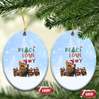 Yorkshire Terrier Dog Christmas Ceramic Ornament with Peace Love Joy Quote and Santa Hat Puppies in Snowy Winter Scene - Wonder Print Shop