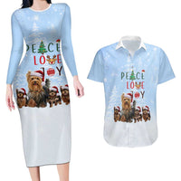 Yorkshire Terrier Dog Christmas Couples Matching Long Sleeve Bodycon Dress and Hawaiian Shirt with Peace Love Joy Quote and Santa Hat Puppies in Snowy Winter Scene - Wonder Print Shop
