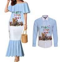 Yorkshire Terrier Dog Christmas Couples Matching Mermaid Dress and Long Sleeve Button Shirt with Peace Love Joy Quote and Santa Hat Puppies in Snowy Winter Scene - Wonder Print Shop