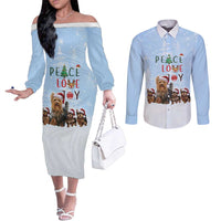 Yorkshire Terrier Dog Christmas Couples Matching Off The Shoulder Long Sleeve Dress and Long Sleeve Button Shirt with Peace Love Joy Quote and Santa Hat Puppies in Snowy Winter Scene - Wonder Print Shop