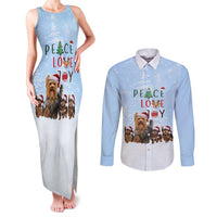 Yorkshire Terrier Dog Christmas Couples Matching Tank Maxi Dress and Long Sleeve Button Shirt with Peace Love Joy Quote and Santa Hat Puppies in Snowy Winter Scene - Wonder Print Shop