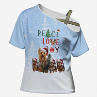 Yorkshire Terrier Dog Christmas Cross Shoulder Shirt with Peace Love Joy Quote and Santa Hat Puppies in Snowy Winter Scene - Wonder Print Shop