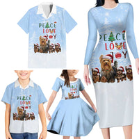 Yorkshire Terrier Dog Christmas Family Matching Long Sleeve Bodycon Dress and Hawaiian Shirt with Peace Love Joy Quote and Santa Hat Puppies in Snowy Winter Scene - Wonder Print Shop