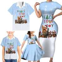 Yorkshire Terrier Dog Christmas Family Matching Short Sleeve Bodycon Dress and Hawaiian Shirt with Peace Love Joy Quote and Santa Hat Puppies in Snowy Winter Scene - Wonder Print Shop