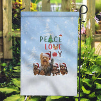 Yorkshire Terrier Dog Christmas Garden Flag with Peace Love Joy Quote and Santa Hat Puppies in Snowy Winter Scene - Wonder Print Shop
