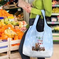 Yorkshire Terrier Dog Christmas Grocery Bag with Peace Love Joy Quote and Santa Hat Puppies in Snowy Winter Scene - Wonder Print Shop