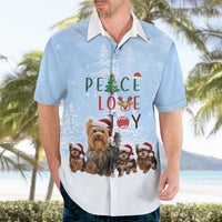 Yorkshire Terrier Dog Christmas Hawaiian Shirt with Peace Love Joy Quote and Santa Hat Puppies in Snowy Winter Scene - Wonder Print Shop