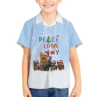 Yorkshire Terrier Dog Christmas Hawaiian Shirt with Peace Love Joy Quote and Santa Hat Puppies in Snowy Winter Scene - Wonder Print Shop
