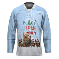 Yorkshire Terrier Dog Christmas Hockey Jersey with Peace Love Joy Quote and Santa Hat Puppies in Snowy Winter Scene - Wonder Print Shop
