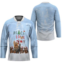Yorkshire Terrier Dog Christmas Hockey Jersey with Peace Love Joy Quote and Santa Hat Puppies in Snowy Winter Scene - Wonder Print Shop