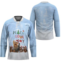 Yorkshire Terrier Dog Christmas Hockey Jersey with Peace Love Joy Quote and Santa Hat Puppies in Snowy Winter Scene - Wonder Print Shop